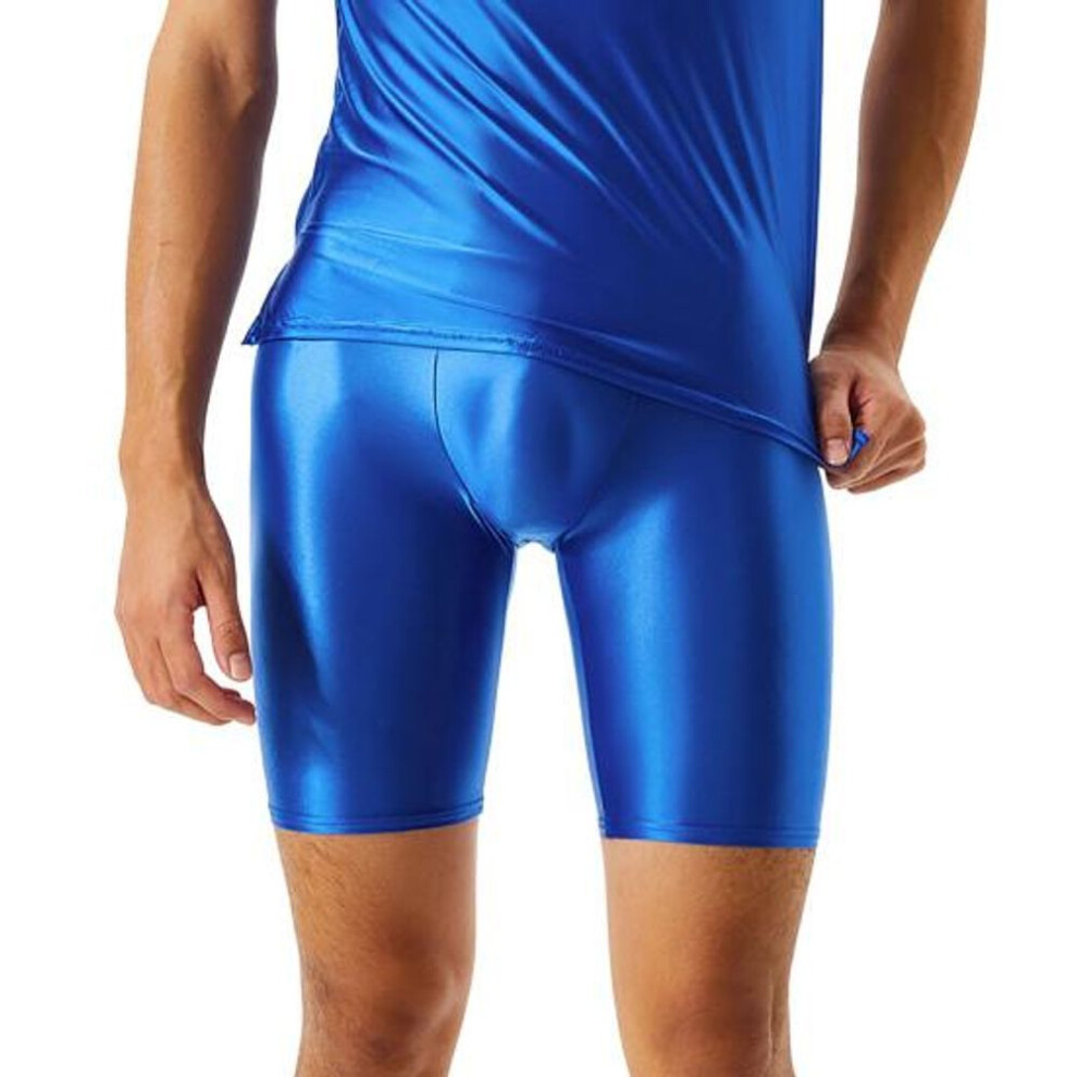(blue, L) Men Leggings High Elastic Protective Skin-touching Stylish Sexy Sport Fitness Skinny Short Pants Sportwear