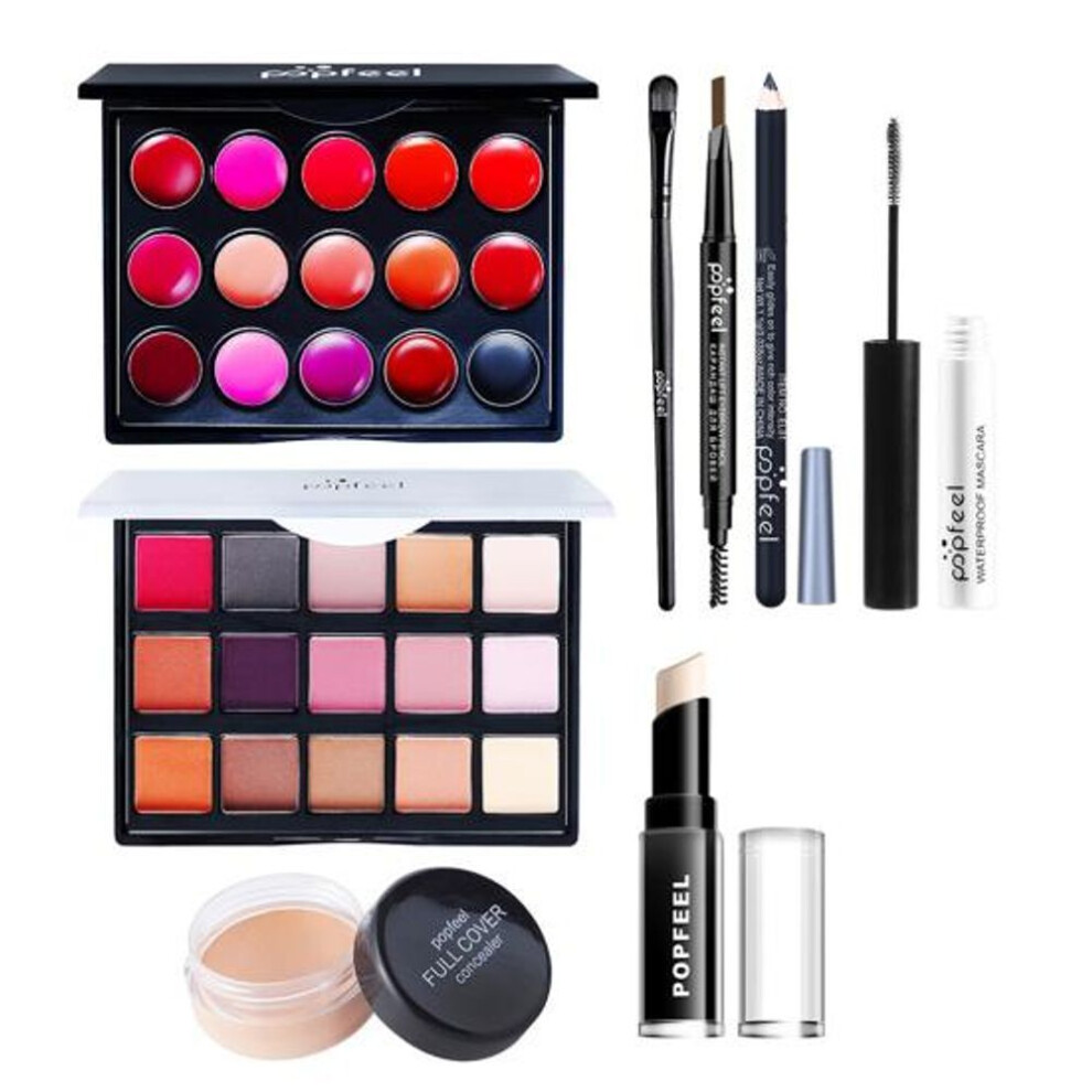 (multicolor) Popfeel 1set 8pcs Makeup Kit Waterproof Service Life Natural Long Colors 15 Eye Shadow Concealer Lipstick Kit Birthday Gift
