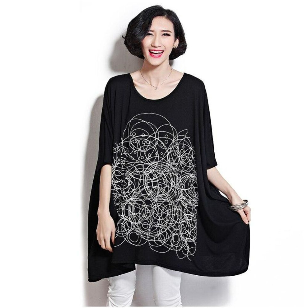 (black, One Size) Dimanaf 2022 T-shirt Women Oversize Batwing Sleeve Pattern Female Black O-neck Cotton Loose New Tops 100kg Oversize