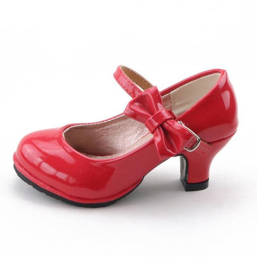 (red, 34) Girls Leather Shoes Autumn Bowtie Sandals Children Shoes High Heels Princess Sweet Sandals for Girls