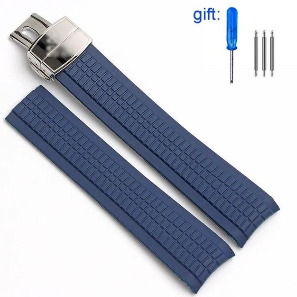 (blue silver  21mm with logo) Watch Band For Patek Philippe 5164a 5167a 5168a Silicone  Aquanaut Bracelet Curved End Soft Rubber Watch Accessories Strap 21mm