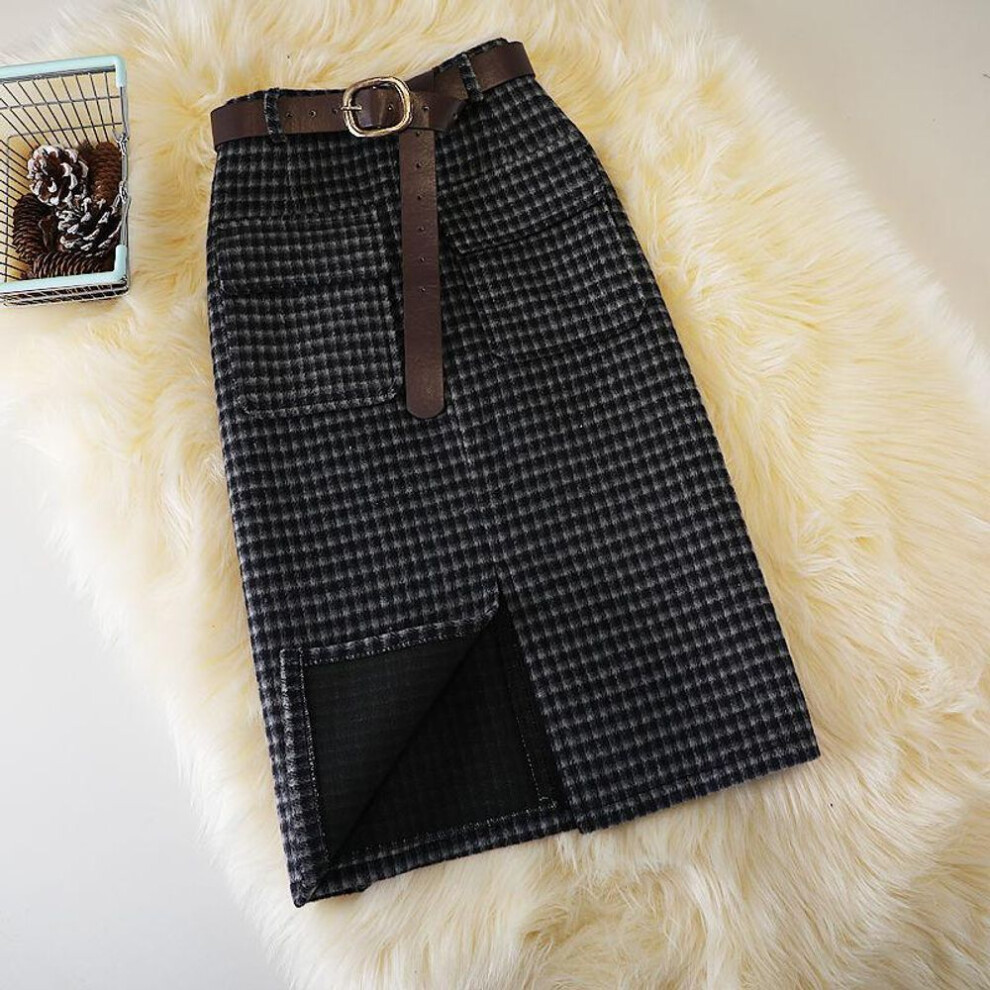 (black, XL) Woolen Plaid Skirt Female Autumn High Waist Pocket Split Mid-length Skirts Korean Winter One-step Plus Size Skirt