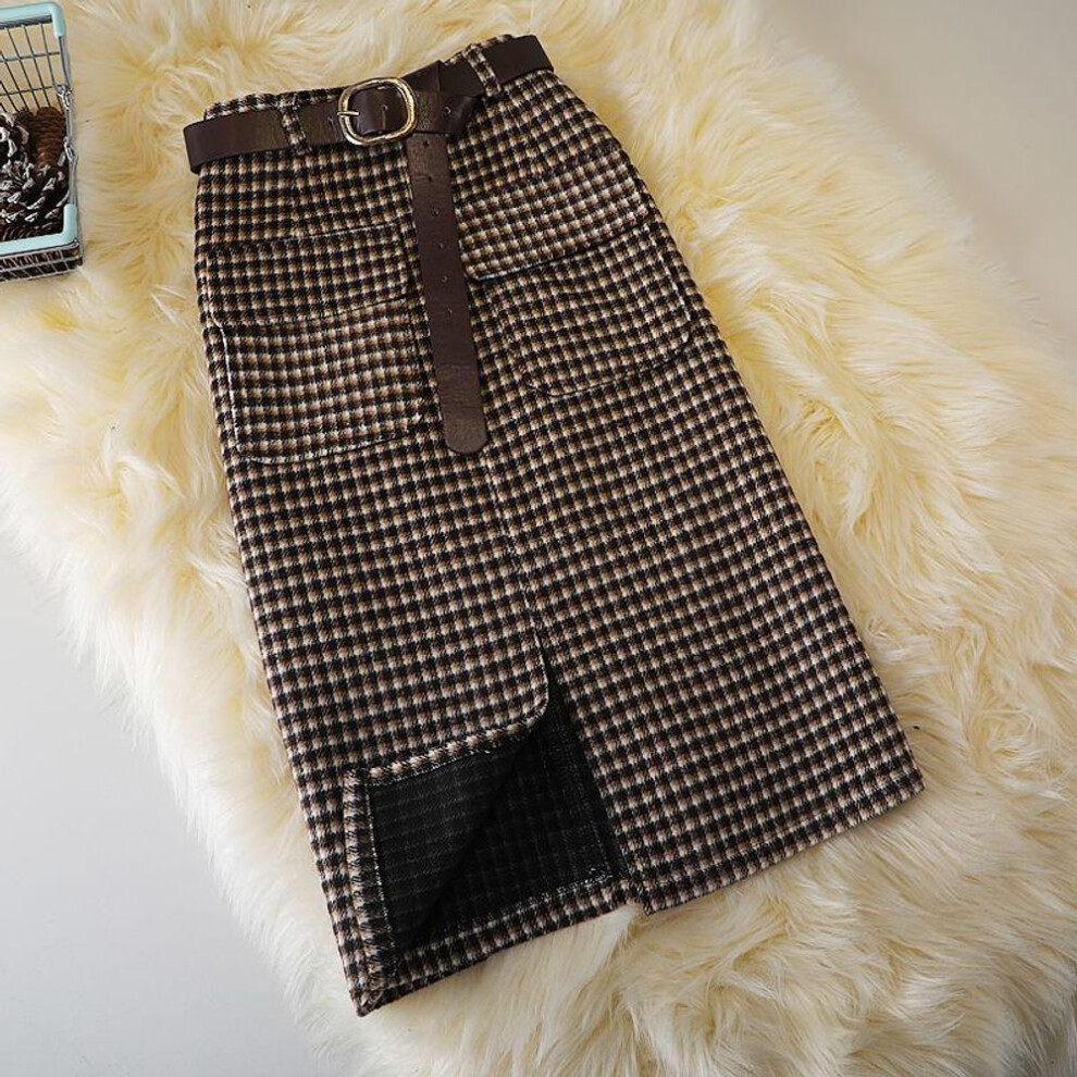 (coffee, M) Woolen Plaid Skirt Female Autumn High Waist Pocket Split Mid-length Skirts Korean Winter One-step Plus Size Skirt