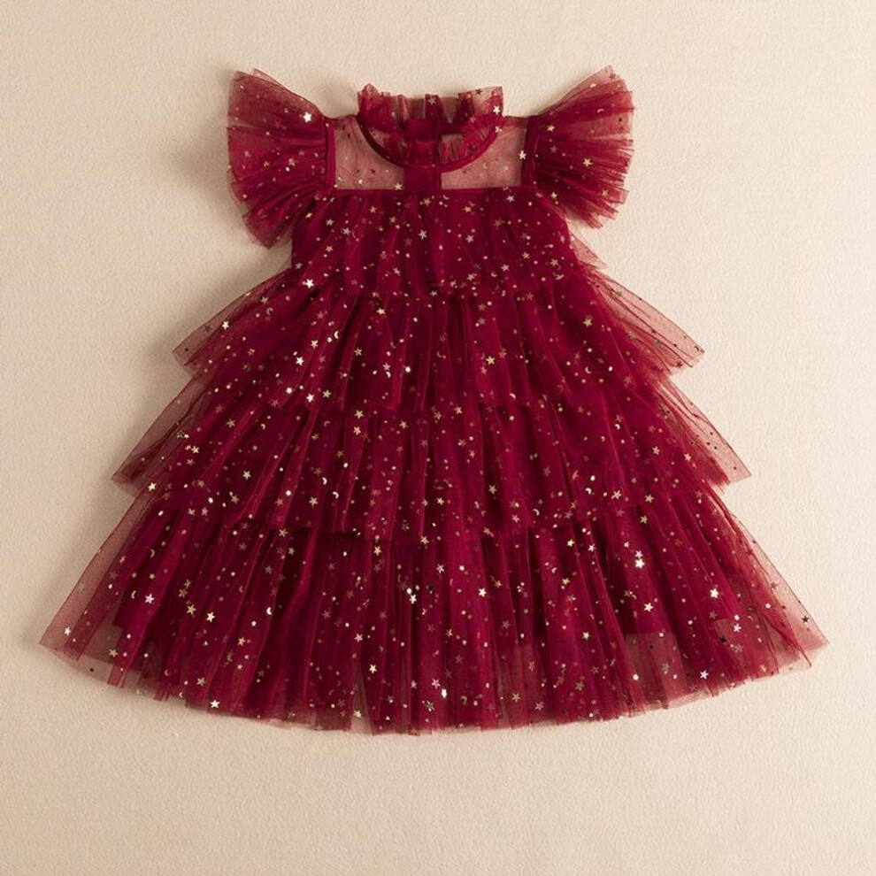 (red, 4T) Summer Girls Princess Mesh Layers Cake Dresses For Kids Star Sequin Elegant Party Tutu Prom Wedding Gown Children Clothes