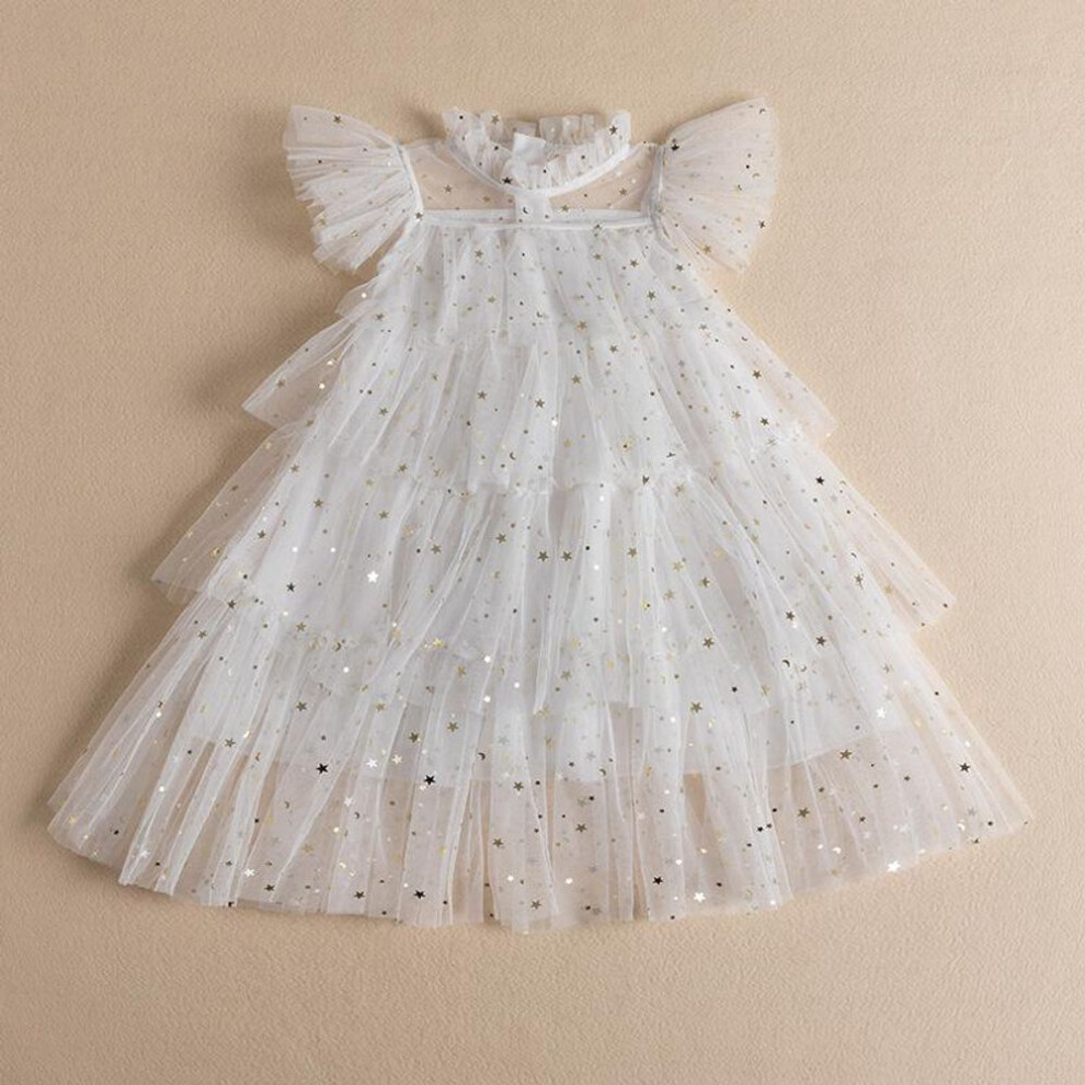 (white, 7T) Summer Girls Princess Mesh Layers Cake Dresses For Kids Star Sequin Elegant Party Tutu Prom Wedding Gown Children Clothes