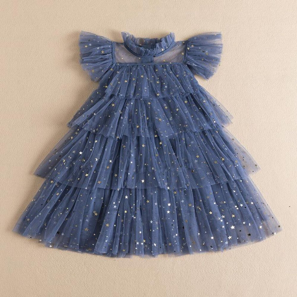 (blue, 4T) Summer Girls Princess Mesh Layers Cake Dresses For Kids Star Sequin Elegant Party Tutu Prom Wedding Gown Children Clothes