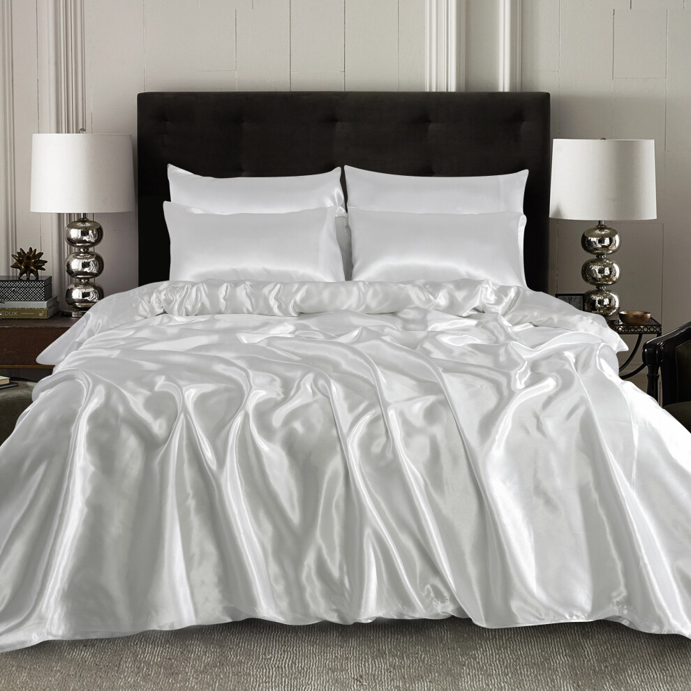(WHITE, Single) 6 Piece Satin Silk Duvet Cover Set with Fitted Sheet and 4 Pillowcases - All Sizes