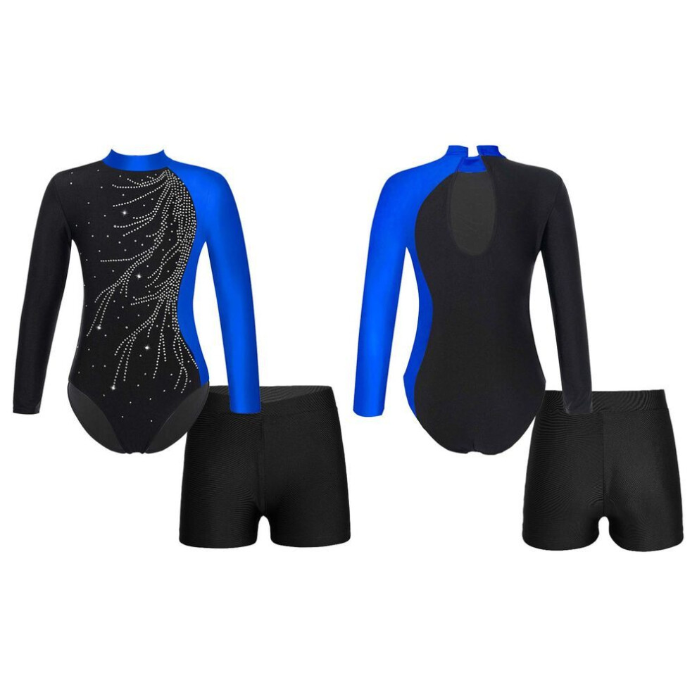 (blue, 11-12 Years) Kids Girls Long Sleeve Gymnastics Leotard With Shorts Set 2 Piece Outfits Outfit Sparkle Dance Unitards Biketards