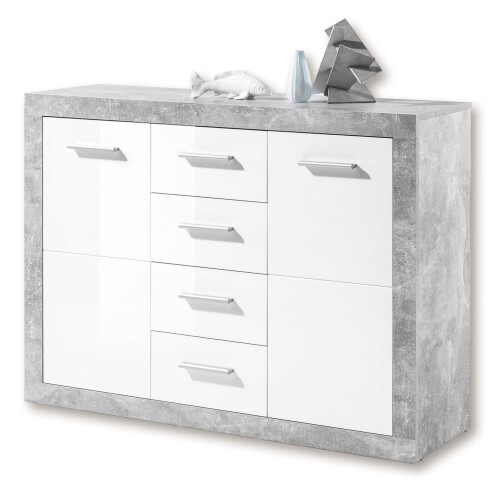 Sideboard Grey & White Gloss 2 Door 4 Drawers Sideboard 117cm