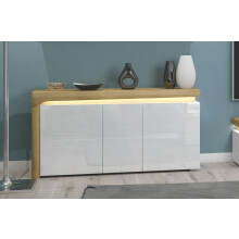 Sideboard Oak Effect & White Gloss 3 Door Sideboard With Lights