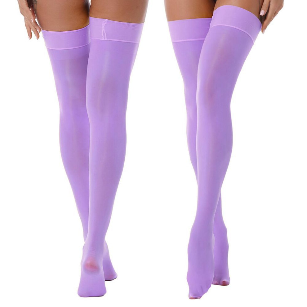 (lavender) Shiny Thigh High Stockings Sheer Tight Stay Up Lingerie Pantyhose for Women