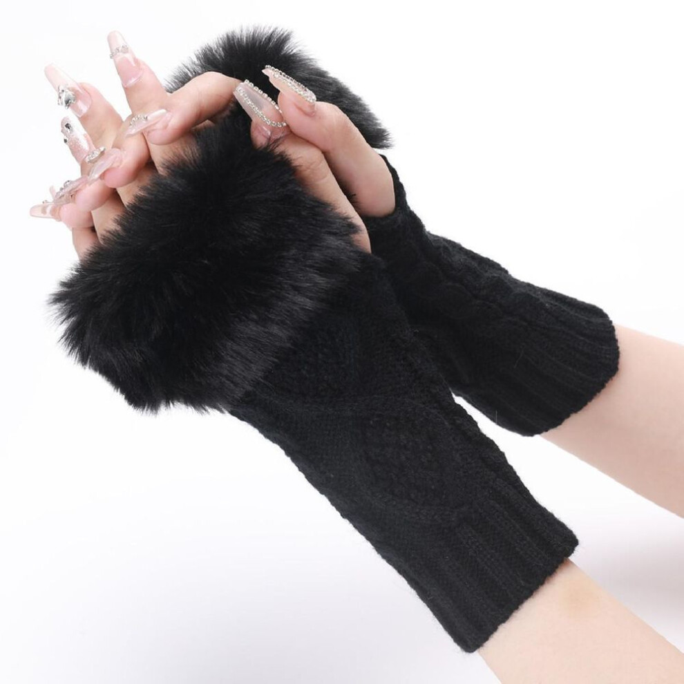 (black, One size) New Autumn And Winter Knitted Gloves Ladies Half Finger Gloves Diamond Warm Fingerless Arm Sleeves