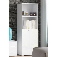 Bookcase Sleek White Short Narrow 4 Tier, 1 Door Bookcase