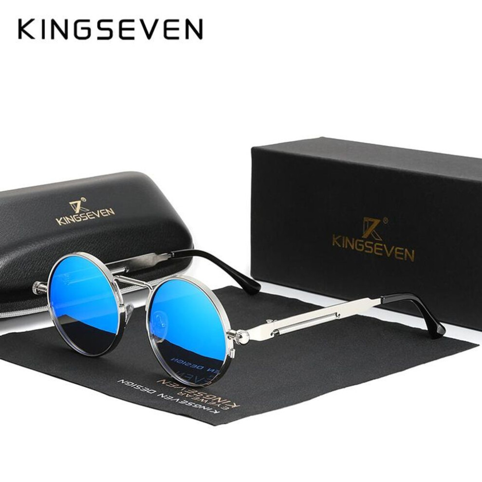 (blue, M) Kingseven High Quality Gothic Steampunk Sunglasses Polarized Men Women Brand Designer Vintage Round Metal Frame Sun Glasses