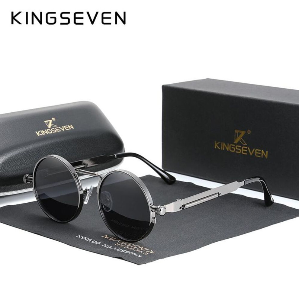 (gray, M) Kingseven High Quality Gothic Steampunk Sunglasses Polarized Men Women Brand Designer Vintage Round Metal Frame Sun Glasses