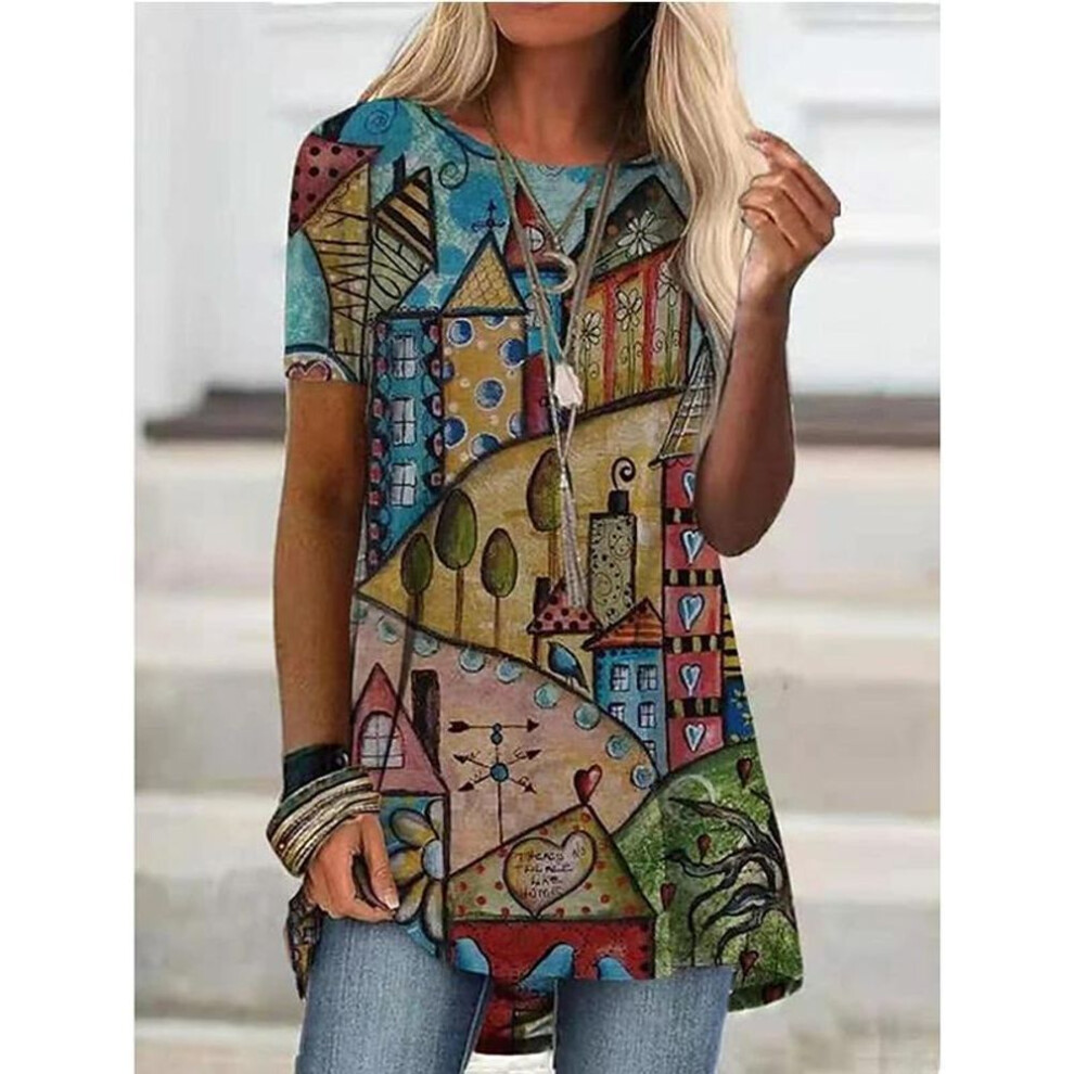 (khaki, XL) Women Fashion Floral Graphic Printed Short Sleeve Casual Tunic Loose Plus Size O-neck Tops Blouse