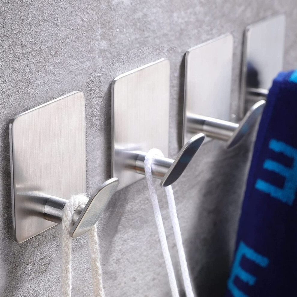 (silver) 4pcs Adhesive Hook, (stainless Steel)towel/coat Hooks, Wall Hooks For Hanging Clothes Hats And Robe, Stick On Bathroom Or Kitchen