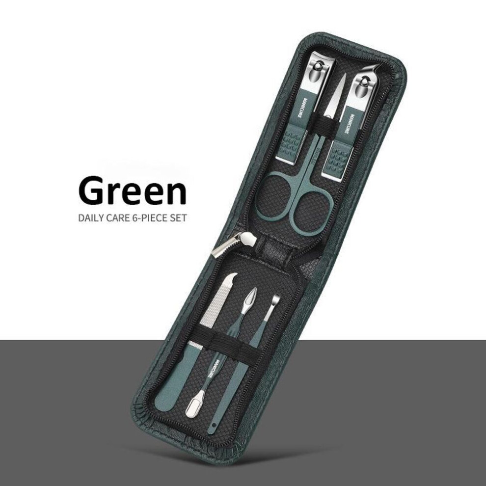 (green) 6 Pcs Portable Luxury Manicure Sets Pedicure Kits Bright Black Nail Clipper Set Personal Care Tools Eyebrow Scissors