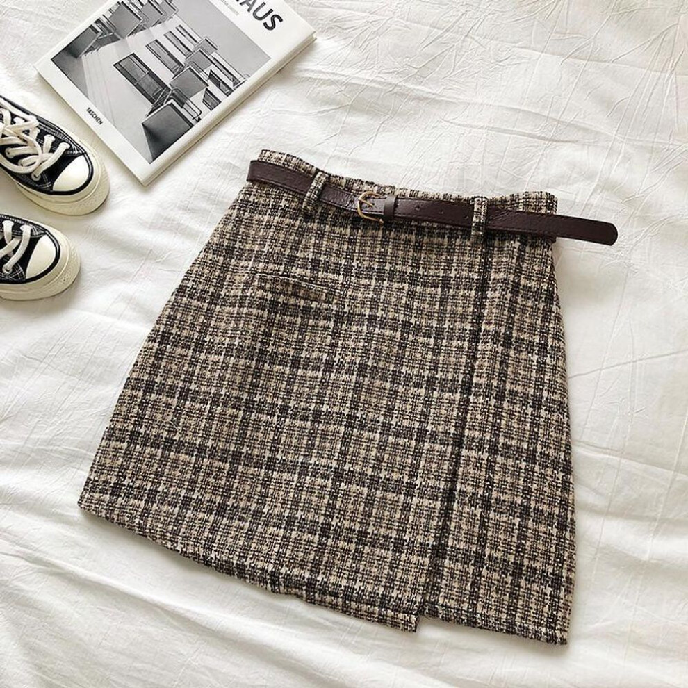 (brown, S) Women Irregular Woolen Skirt Autumn Winter Womens High Waist A-line Mini Skirt Plaid Skirt With Sashes