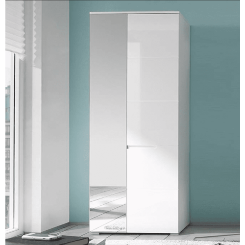 Wardrobe White Gloss Tall Slim Mirrored Wardrobe With 1 Pullout Rail & shelves