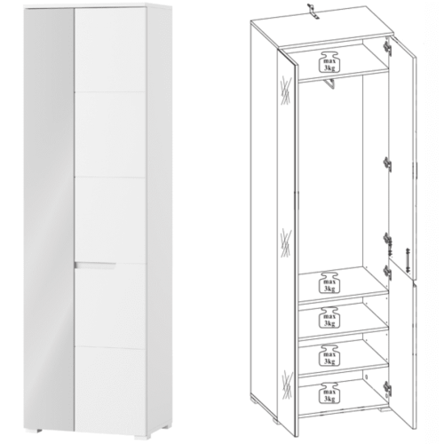 Wardrobe White Gloss Tall Slim Mirrored Wardrobe With 1 Pullout Rail & shelves 2