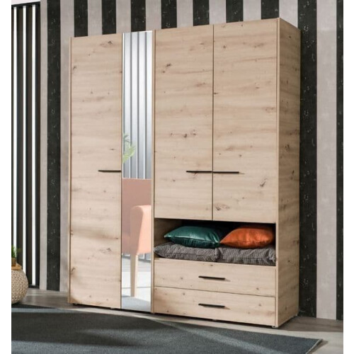 Wardrobe Modern Grey Oak Effect 4 doors, 2 Drawers Mirrored Wardrobe 1