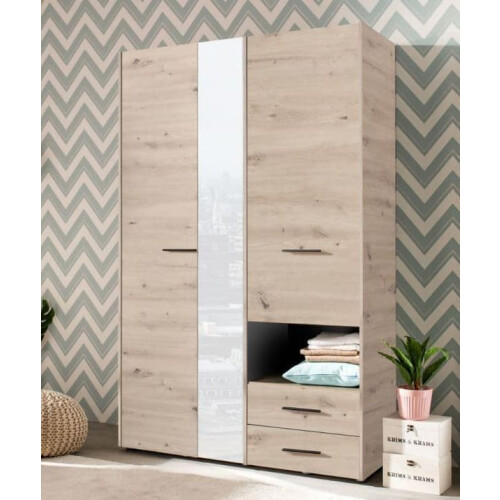Wardrobe Modern Grey Oak Effect 3 doors, 2 Drawers Mirrored Wardrobe 2