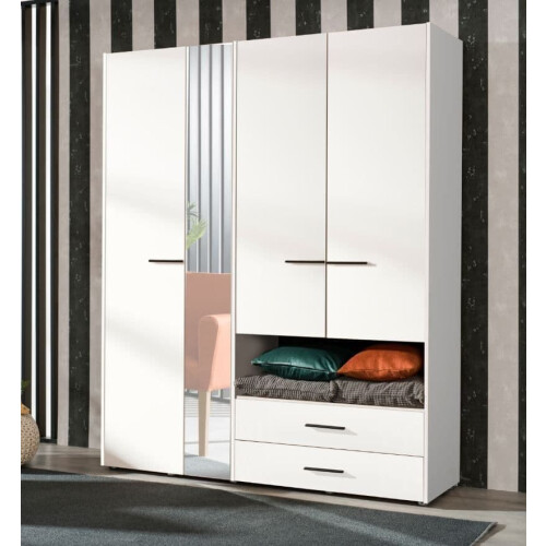 Wardrobe Modern White 4 doors, 2 Drawers Mirrored Wardrobe