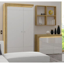 Wardrobe Modern Oak Effect & White Gloss 2 Door Wardrobe With LED Lights