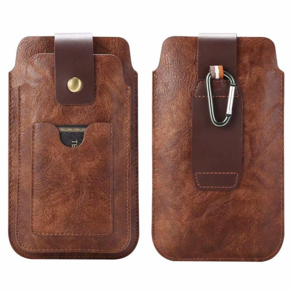 (brown, L(6.1-7.2 inch)) Leather Dual Pouch Phone Bag Men Hanging Tool Waist Belt Clip Case For Iphone 16 15 13 Pro Samsung Galaxy S24 S23 Xiaomi Redmi Honor Oppo Holster Pack