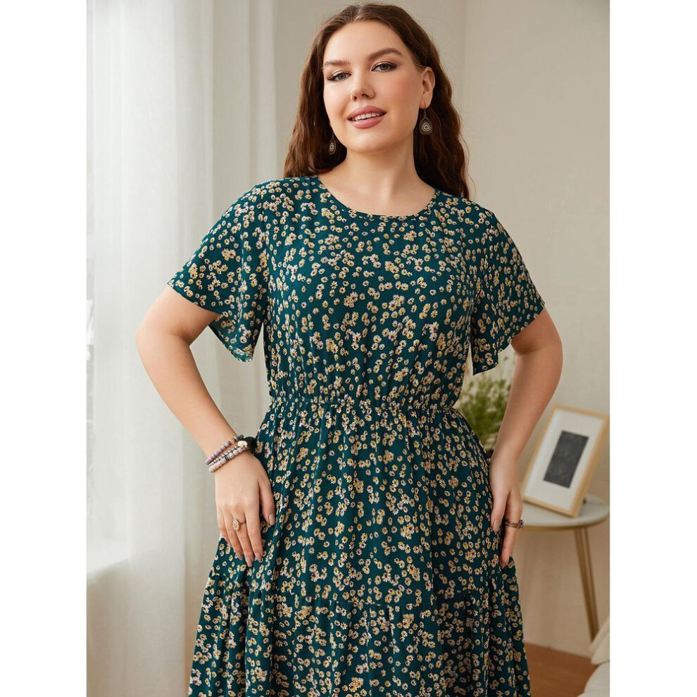 (green, 4XL) Plus Size Women&apos;s Dress Round Neck Printed Loose Large Swing Women&apos;s Dresses