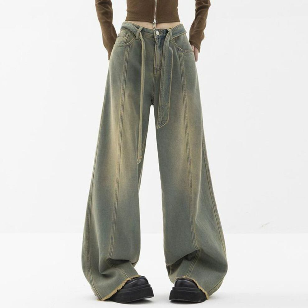 (as the picture, S) Vintage Style Dragging Trousers Raw Edge Jeans Women High Waist Straight Loose High Street Wide Leg Trousers