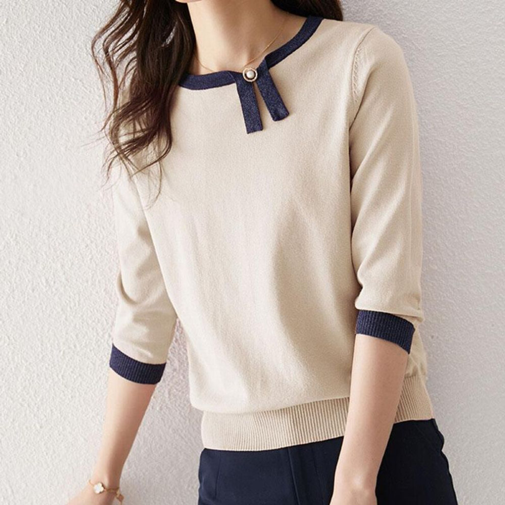 (apricot, One Size) Spring And Autumn Women&apos;s Blouse T-shirt Clashing Design Asymmetric Knit Sweater Seven-quarter Sleeve Pullover Knitwear