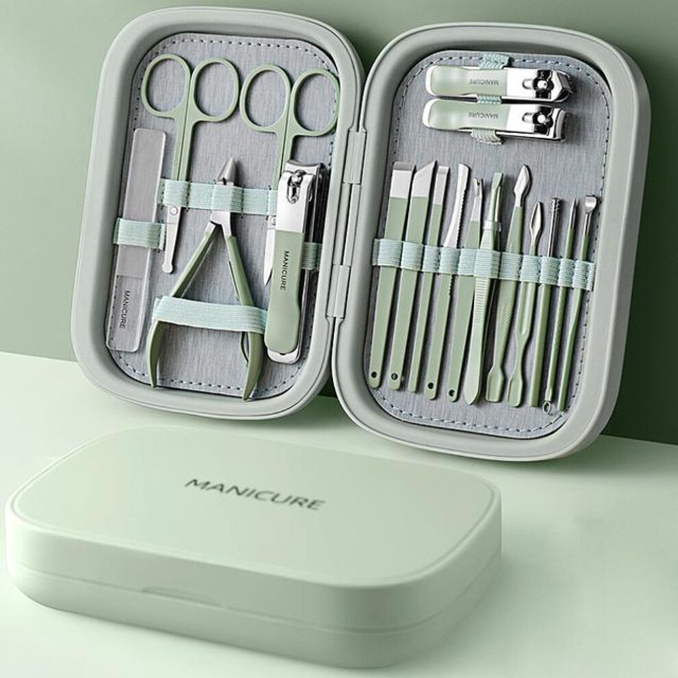 (green) High Quality 18 In 1 Professional Stainless Steel Nail Clipper Travel Grooming Kit Manicure & Pedicure Set Personal Care Tools