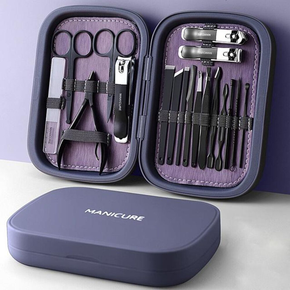(royal blue) High Quality 18 In 1 Professional Stainless Steel Nail Clipper Travel Grooming Kit Manicure & Pedicure Set Personal Care Tools