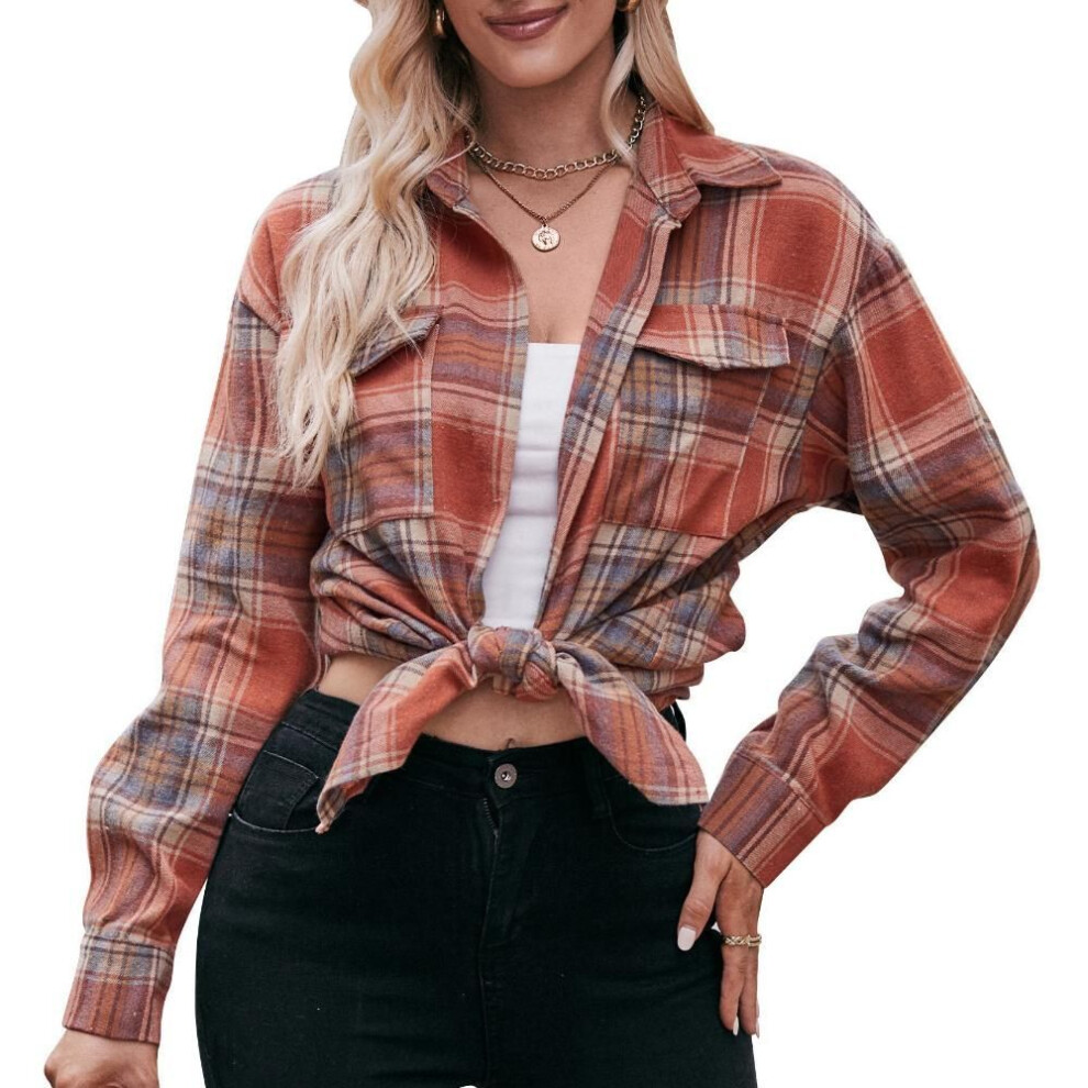 (brown, L) Spring and Autumn Women&apos;s Shirts Plaid Long Sleeve Casual Fashion Large Size Loose Shirt