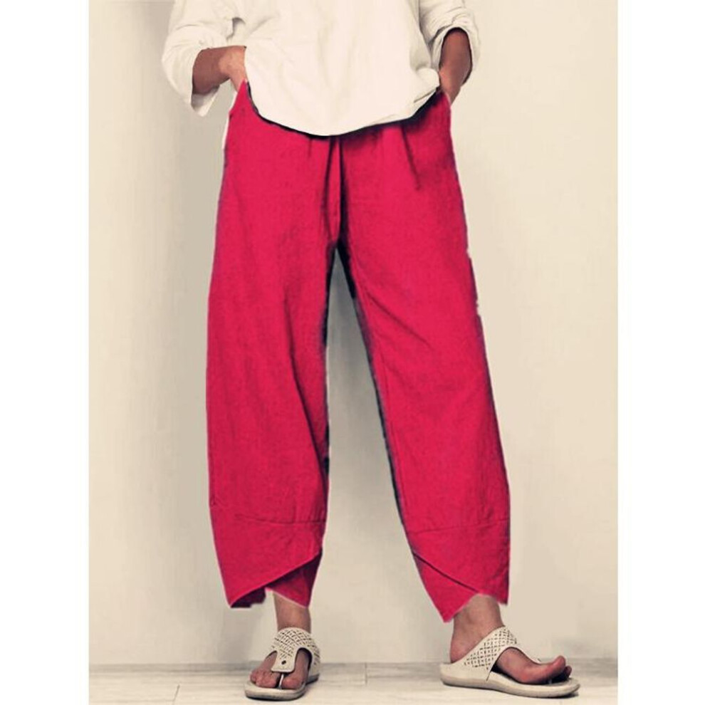 (red, S) Summer Women's Pants Elastic Waist Cotton Loose Casual Pants