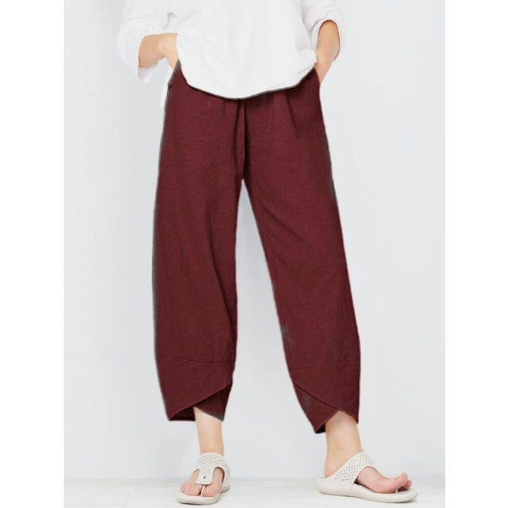 (burgundy, S) Summer Women's Pants Elastic Waist Cotton Loose Casual Pants