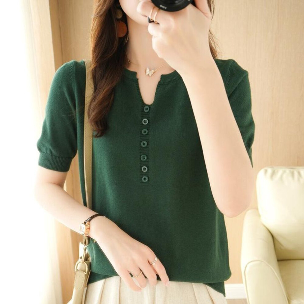 (green, M) Summer New Women&apos;s T-shirt Short-sleeved Loose V-neck Thin Knitted T-shirt Versatile Slim Thin Button Short-sleeved Tops