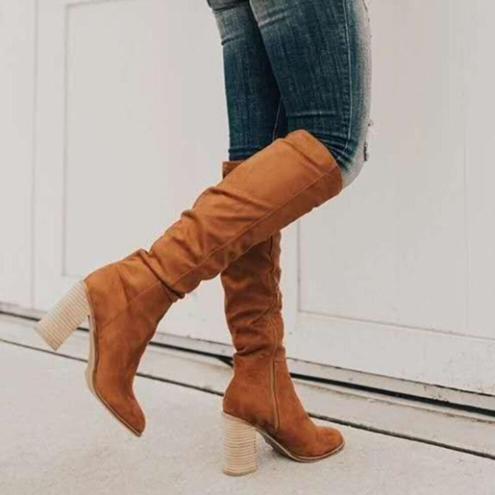 (brown, 36) Women Knee High Boots Solid Color Suede Lady Flats Winter Warm Comfortable Female Shoes Point Toe Sexy Zipper Low Heel Tall Boot