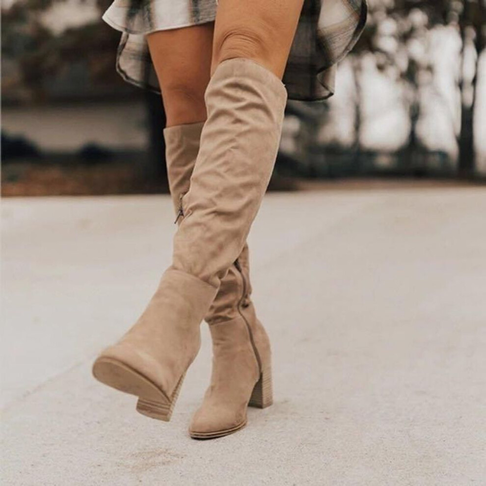 (khaki, 38) Women Knee High Boots Solid Color Suede Lady Flats Winter Warm Comfortable Female Shoes Point Toe Sexy Zipper Low Heel Tall Boot