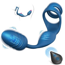 (blue) Vibrating Cock Ring Anal Plug, Vibrating Cock Ring with Bullets, 3 In 1 Vibrator, 10 Vibration Modes with Remote Anal Plug Sex Toys for Adult Male