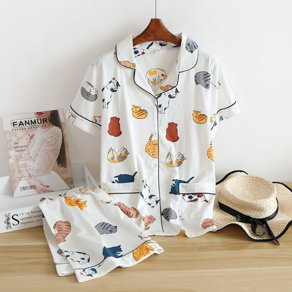 (as The picture, M) New 100% Cotton Short-sleeved Shorts Ladies Pajamas Set Cute Cartoon Pajamas Japanese Simple Short Pajamas Women Sleepwear