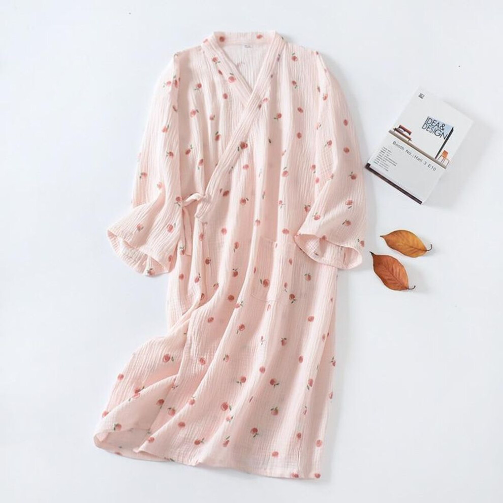 (pink, L) Japanese Kimono Spring And Autumn Ladies Cotton Crepe Cloth Nightgown Pajamas Bathrobe Household Clothes Spring And Summer Robe
