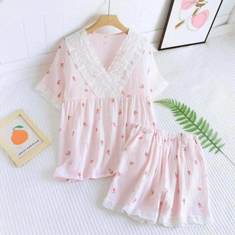 (pink, XL) Japanese Summer New Women's Pajamas Short-sleeved Shorts Two-piece Set 100% Cotton Crepe V-neck Large Size Homewear Suit Women