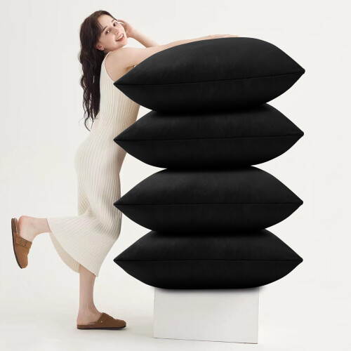 (Pack of 4, Plain Velvet Filled Cushion Black) Luxury Velvet Filled Cushions Pack of 1, 2 & 4 Quilted Cushion Pads