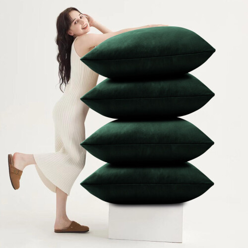 (Pack of 4, Plain Velvet Filled Cushion Green) Luxury Velvet Filled Cushions Pack of 1, 2 & 4 Quilted Cushion Pads