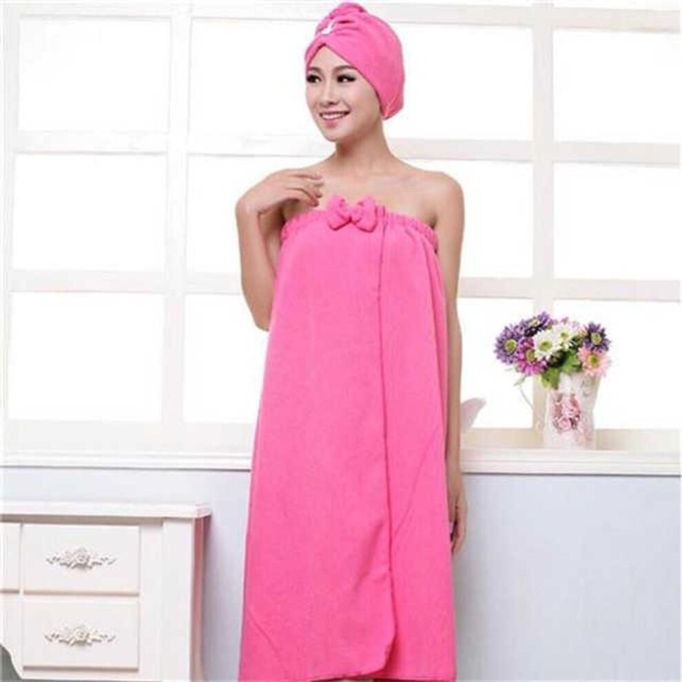 (rose red) Women&apos;s Cute Bowknot Quick-dry Bath Towel Spa Wraps And Shower Cap Bathrobe Set
