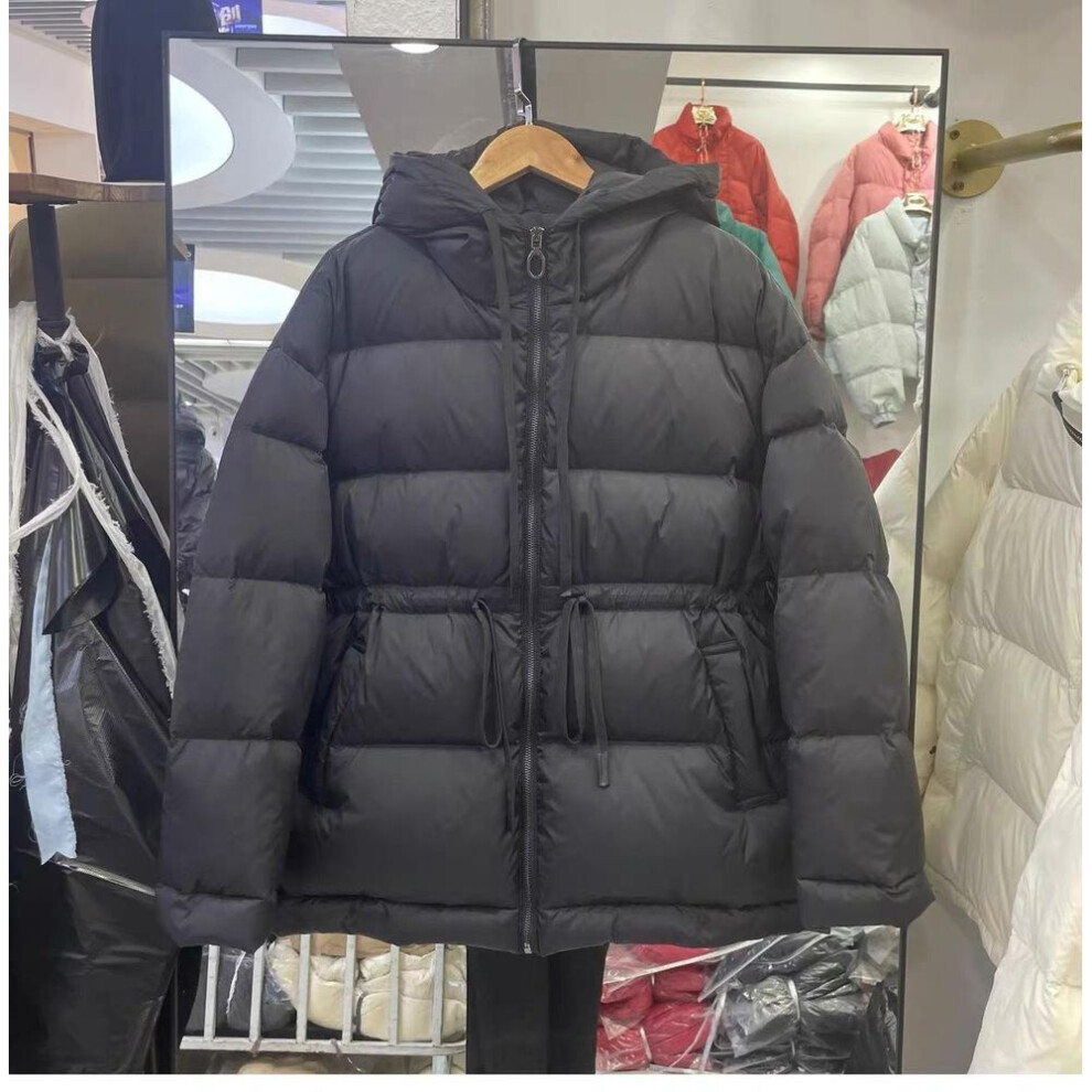 (black, L) Women&apos;s Winter Autumn Hooded White Duck Down Jacket Coat Loose Solid Color Big Pocket Adjustable Waist Down Coat