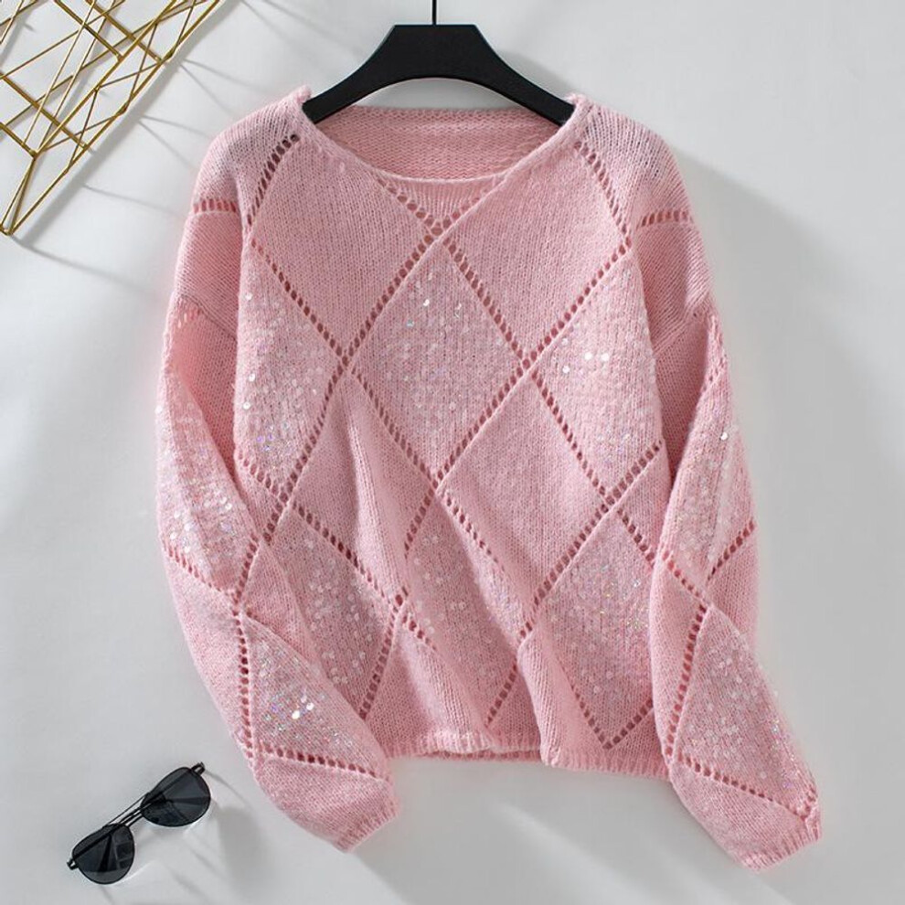 (pink, S) Autumn Winter Vintage Loose Long Sleeve Top Solid Coloe Pullover Knitwear O-neck Sweater